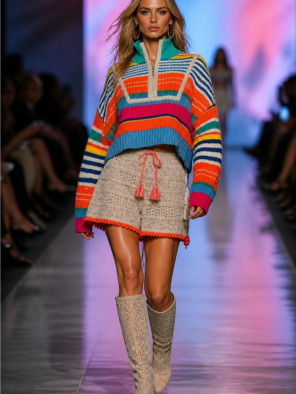 STAUD Multicolor Striped Cropped Knit Sweater - Teal, Orange, Pink, Blue